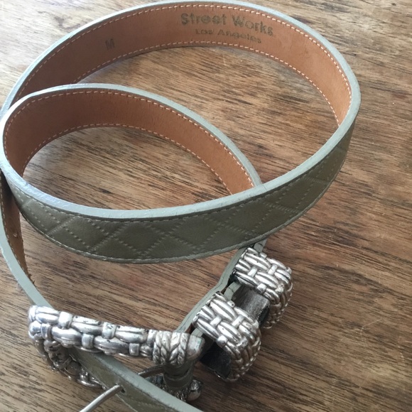 Vintage Street Works Leather Belt Green Quilted Silver Woven Buckle M